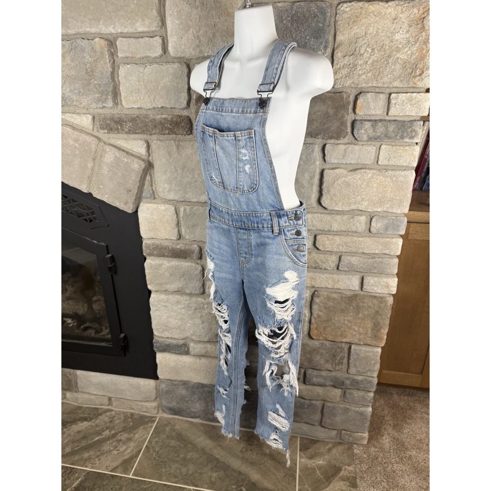 Cello Womens XS Ripped Denim Bib Overalls Light Wash Frayed Hem Distressed Jeans - Picture 2 of 15
